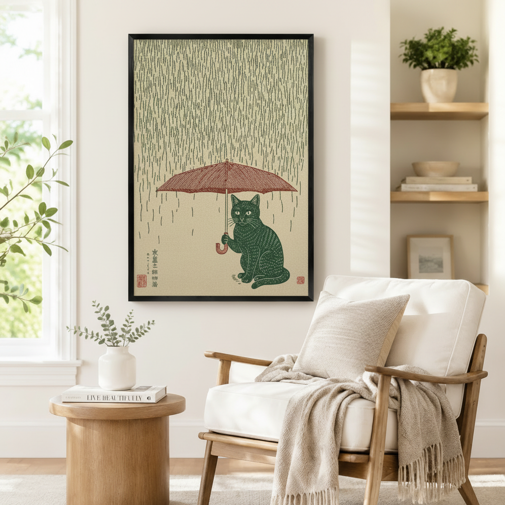 Vintage Japanese-inspired framed print of a black cat holding an umbrella in the rain, displayed in a cozy reading nook with a linen armchair and natural wood side table