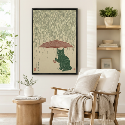 Vintage Japanese-inspired framed print of a black cat holding an umbrella in the rain, displayed in a cozy reading nook with a linen armchair and natural wood side table