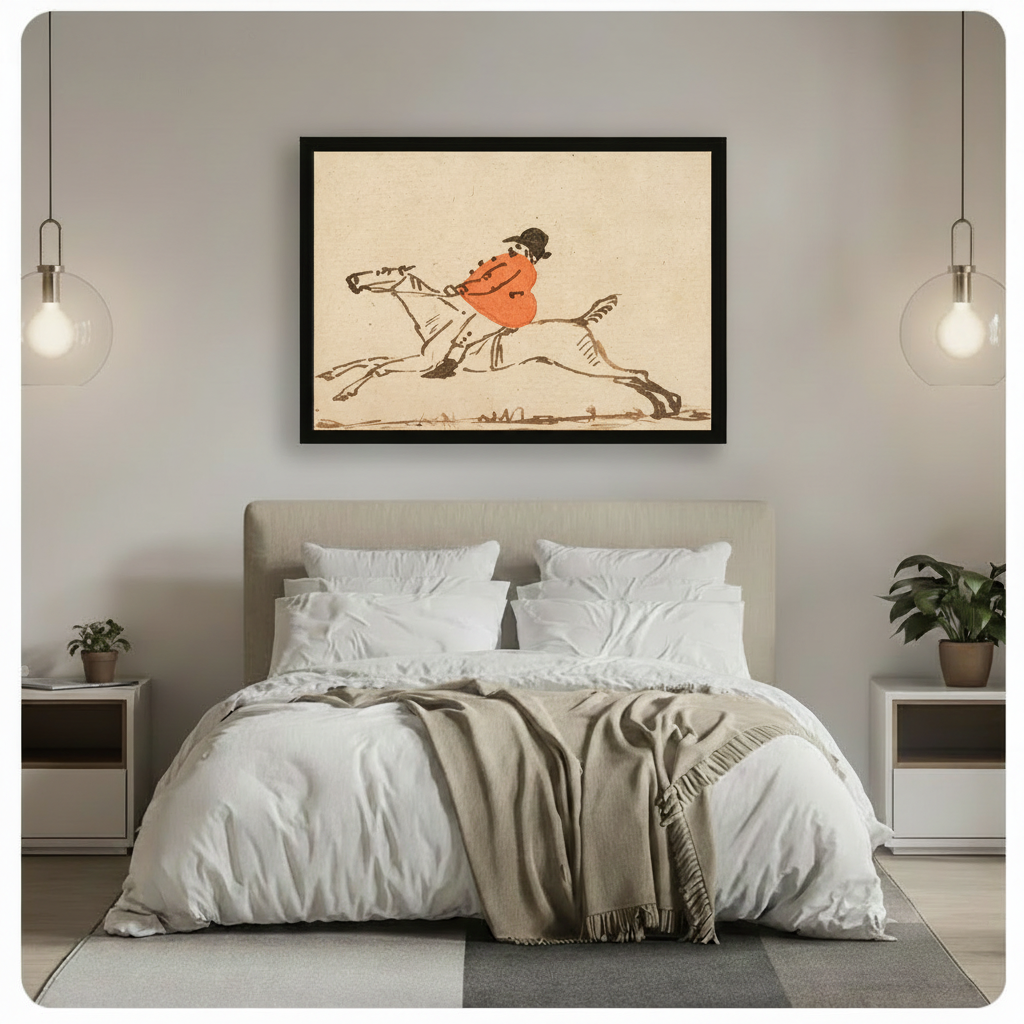 Vintage jockey ink sketch framed canvas wall art mounted above beige upholstered headboard in minimalist bedroom with globe pendant lights