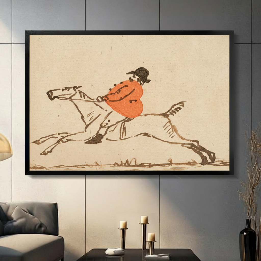 Vintage jockey ink sketch framed canvas wall art with black float frame on dark gray paneled wall in modern living room