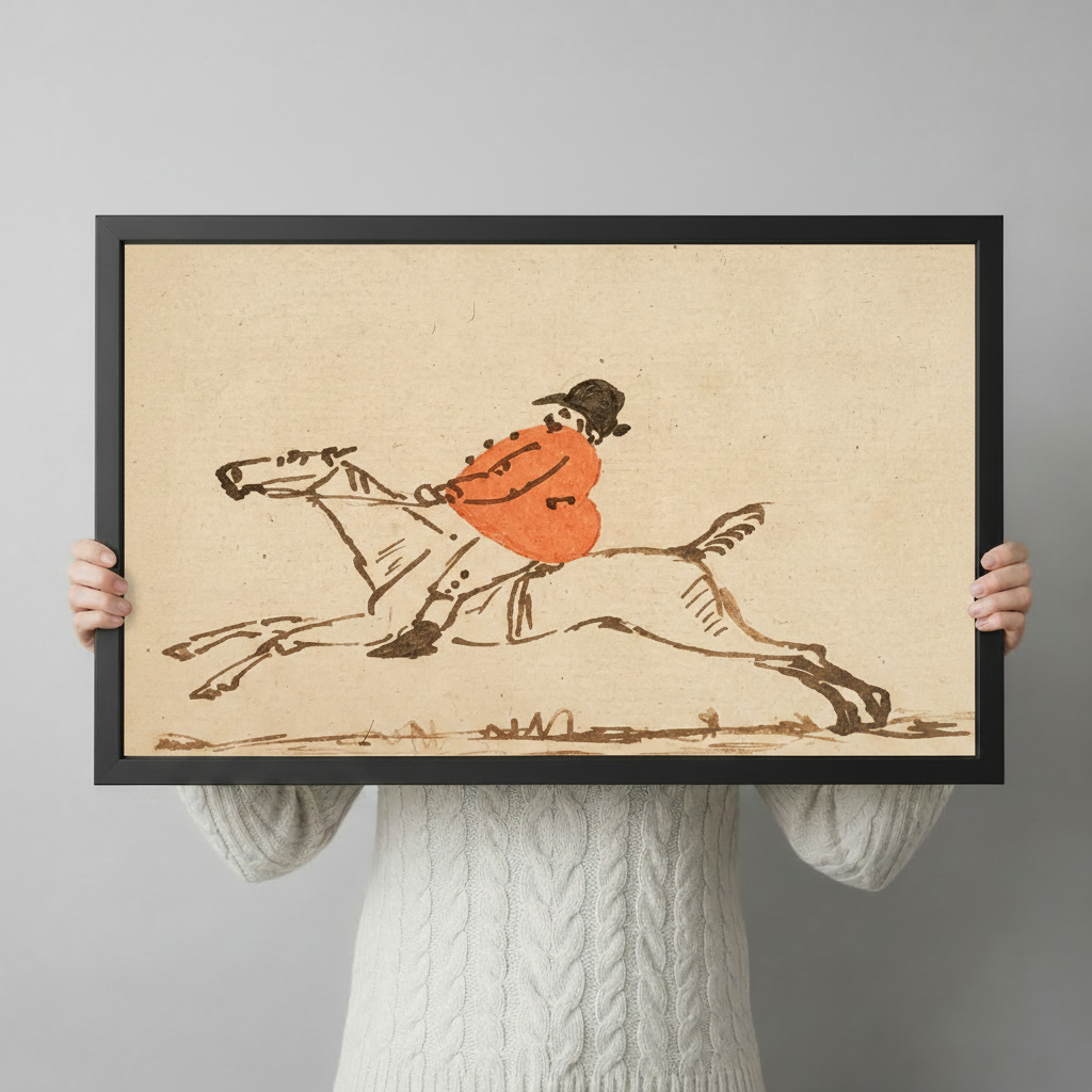 Person in white cable-knit sweater holding vintage jockey ink sketch framed canvas wall art against light gray background