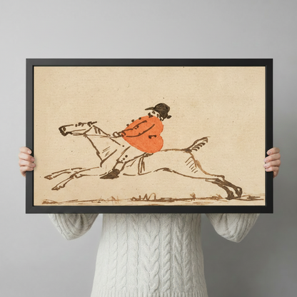 Person in white cable-knit sweater holding vintage jockey ink sketch framed canvas wall art against light gray background