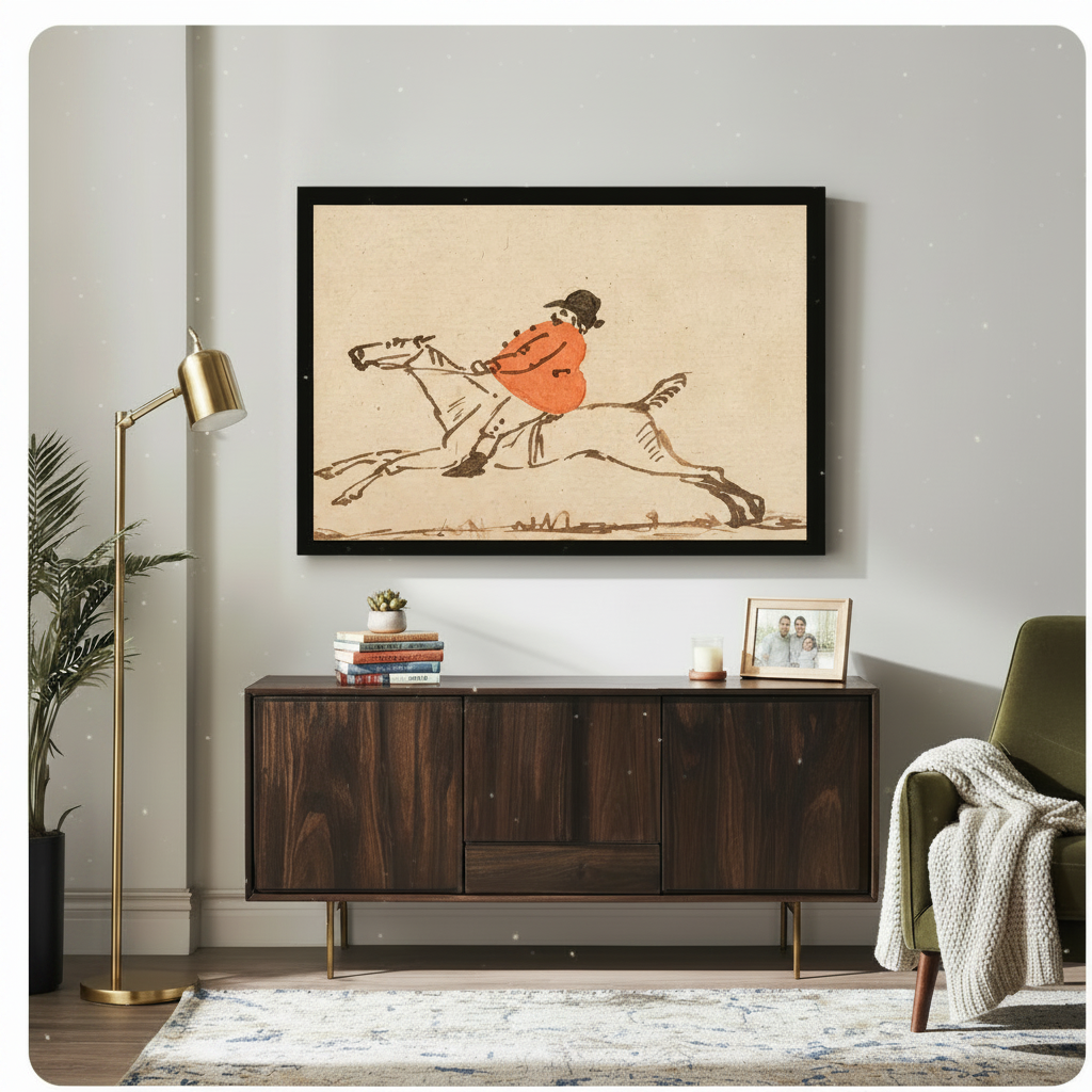 Vintage jockey ink sketch framed canvas wall art hanging above dark walnut sideboard in modern American living room with gold floor lamp