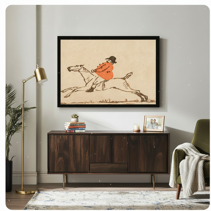 Vintage jockey ink sketch framed canvas wall art hanging above dark walnut sideboard in modern American living room with gold floor lamp