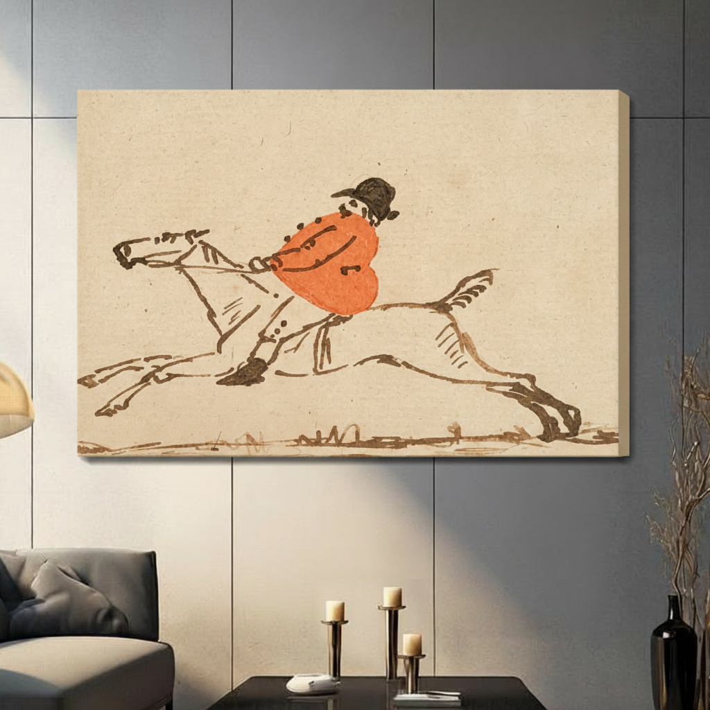 Vintage jockey ink sketch stretched canvas wall art displayed on dark gray paneled wall with candles and dried branch vase