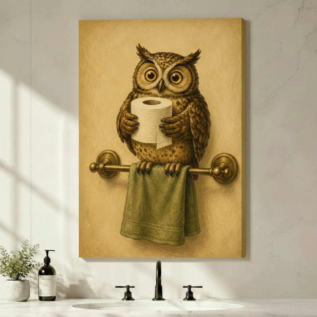 Gallery wrapped canvas owl bathroom print above sink, whimsical owl perched on brass towel bar holding toilet roll, vintage golden background wall art