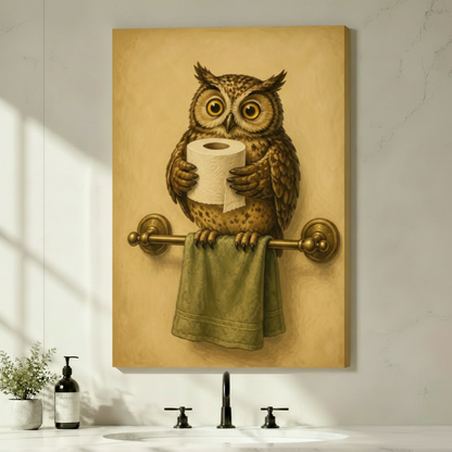Gallery wrapped canvas owl bathroom print above sink, whimsical owl perched on brass towel bar holding toilet roll, vintage golden background wall art