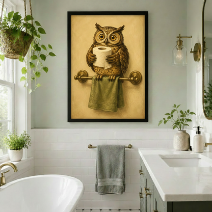 Framed vintage owl bathroom wall art in black frame above bathtub, owl holding toilet paper on brass towel bar, green plant bathroom decor
