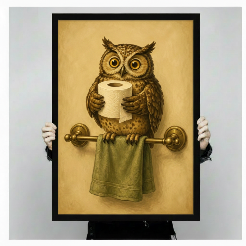 Large framed vintage owl bathroom poster held up showing print size, humorous owl holding toilet paper roll wall art on gray background