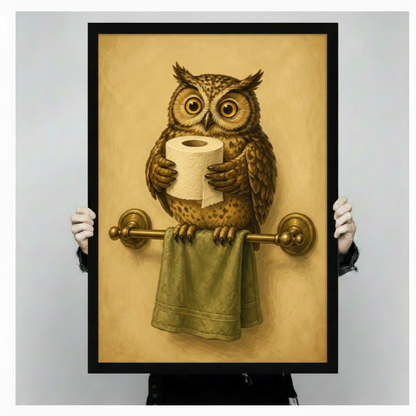 Large framed vintage owl bathroom poster held up showing print size, humorous owl holding toilet paper roll wall art on gray background