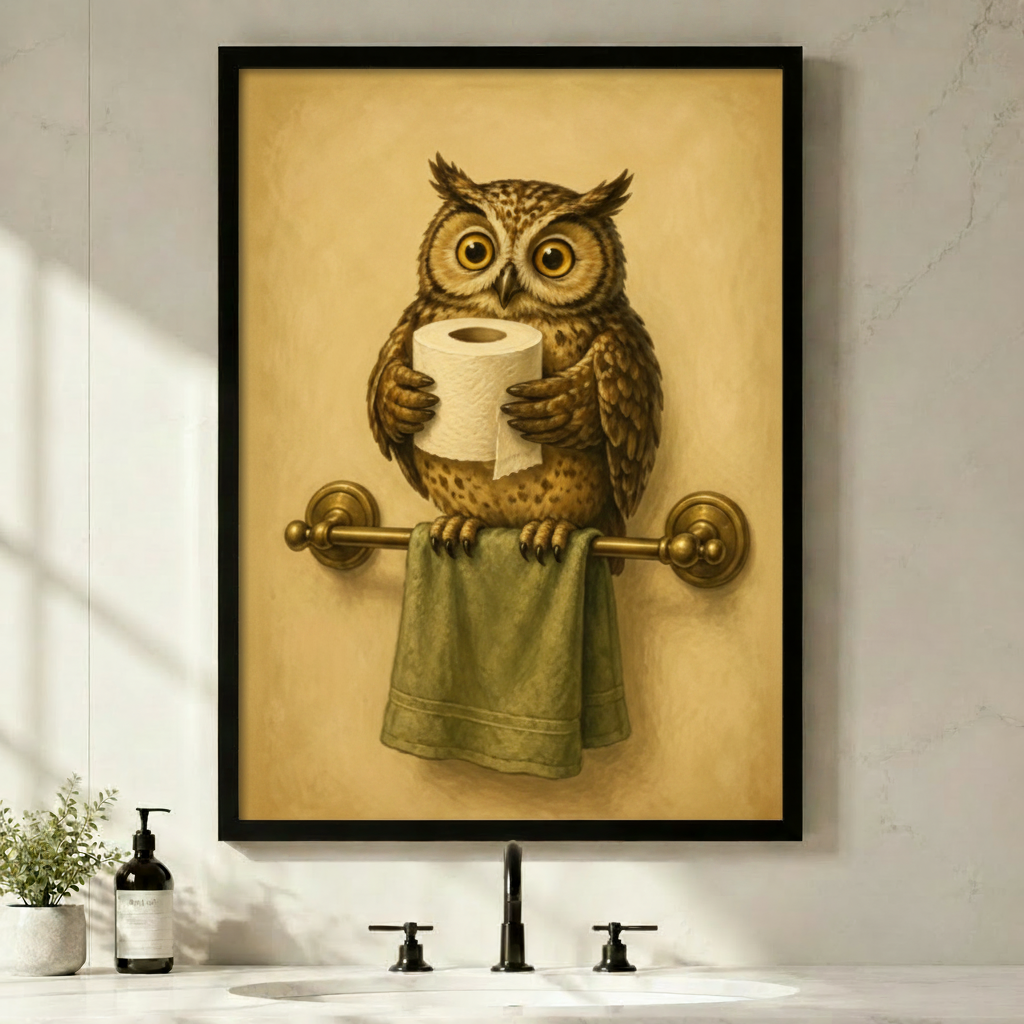 Vintage owl holding toilet paper framed print in minimalist white bathroom, whimsical animal bathroom wall art with brass towel bar detail
