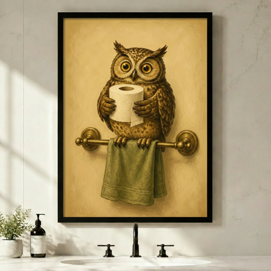 Vintage owl holding toilet paper framed print in minimalist white bathroom, whimsical animal bathroom wall art with brass towel bar detail