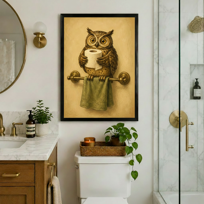 Funny owl toilet paper art print in black frame above toilet, vintage animal bathroom wall decor in luxury marble bathroom