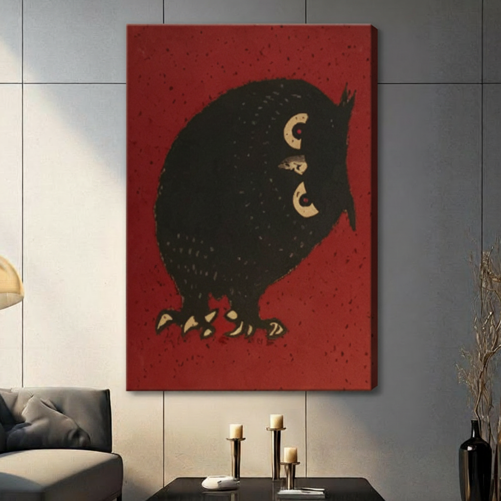 Retro Japanese style round black owl gallery wrapped canvas print on crimson red background on a gray wall in a modern living room with dark gray sofa, black candlesticks, and decorative vase