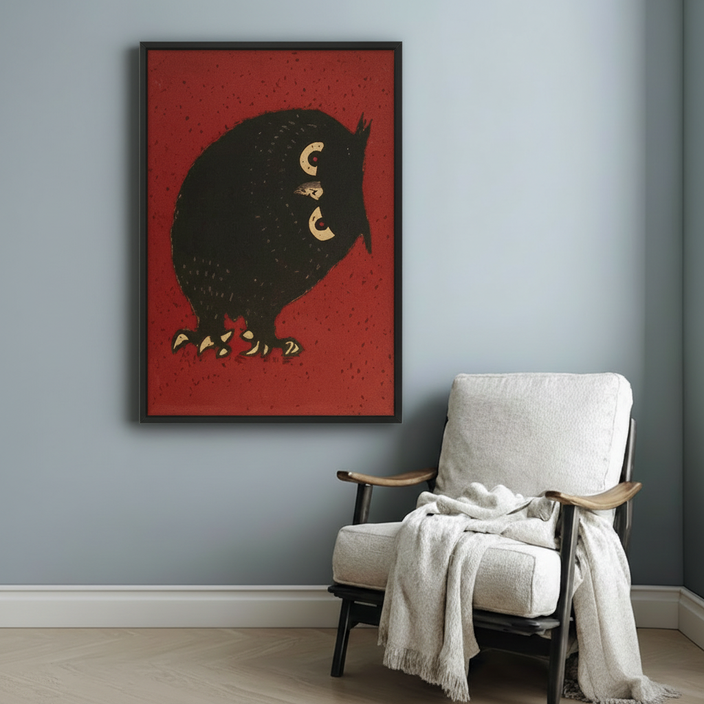 Chubby black owl with golden crescent eyes framed poster on deep red background displayed on a light blue-gray wall beside a white wooden armchair with a draped cream throw blanket