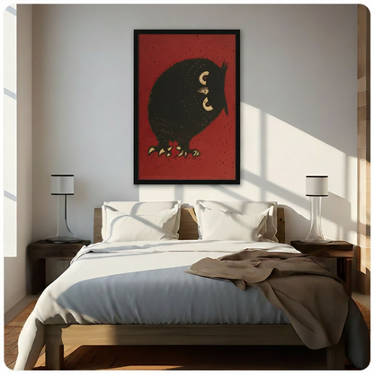 Retro chubby black owl with golden eyes framed wall art above a dark wood bed with white linen bedding, a taupe throw blanket, and white bedside lamps in a bright modern bedroom