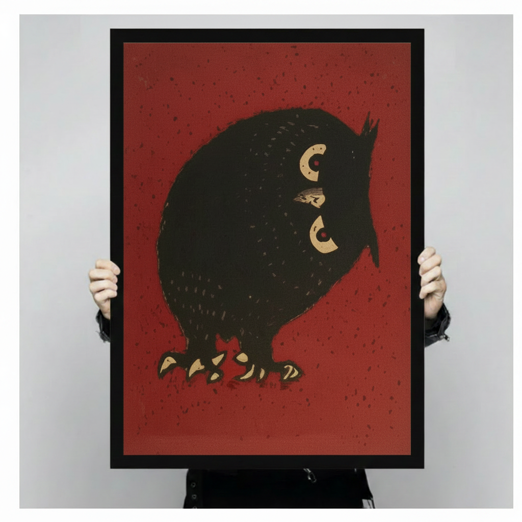 Person holding a black framed vintage Japanese chubby black owl art print on deep red background against a light gray backdrop showing full artwork detail with golden crescent eyes