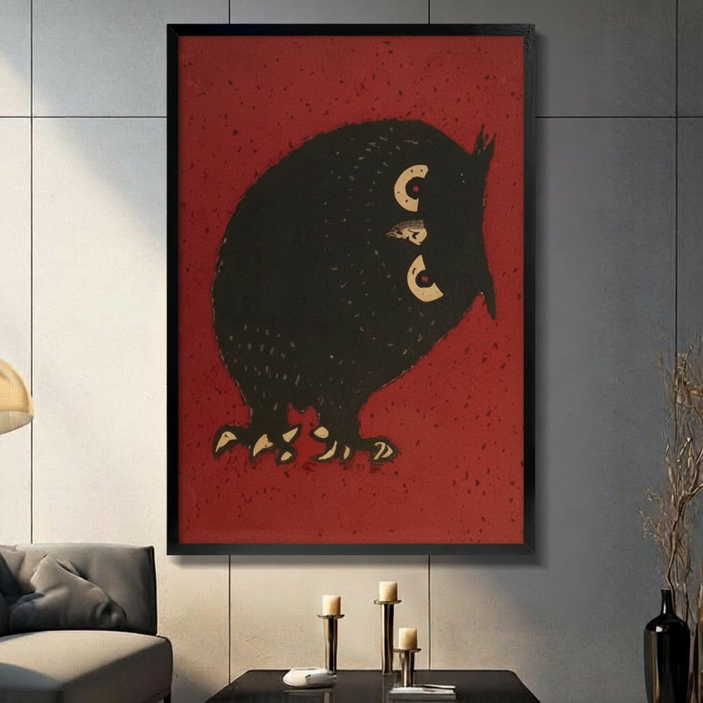 Bold vintage Japanese owl illustration in black frame on crimson red background hung on a gray wall above a console table with black candlesticks, a dark gray sofa, and a tall black vase