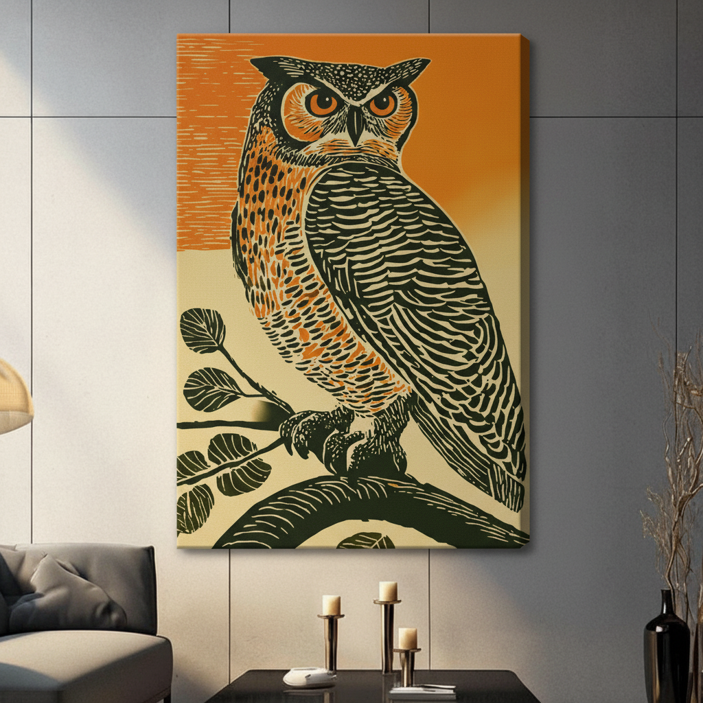 Bold retro woodblock print style great horned owl on orange and cream background gallery wrapped canvas print on a dark gray wall in a modern living room with gray sofa, black candlesticks, and decorative black vase