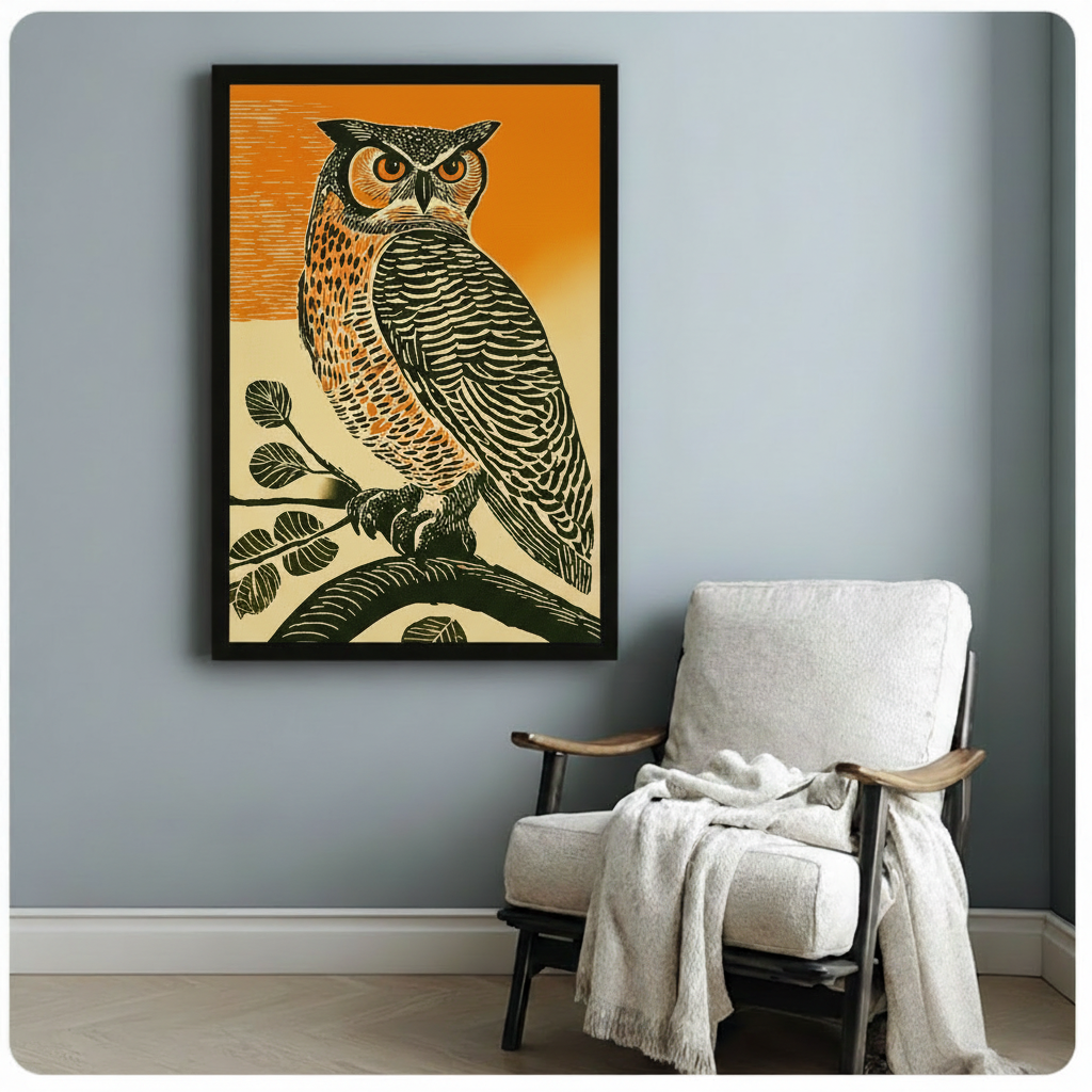 Retro linocut great horned owl illustration in black frame on orange and cream background on a light blue-gray wall beside a white wooden armchair with a draped cream throw blanket