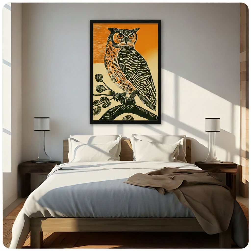 Bold vintage linocut great horned owl perched on branch framed wall art above a dark wood bed with white linen bedding, a taupe throw blanket, and matching white bedside lamps in a sunlit modern bedroom