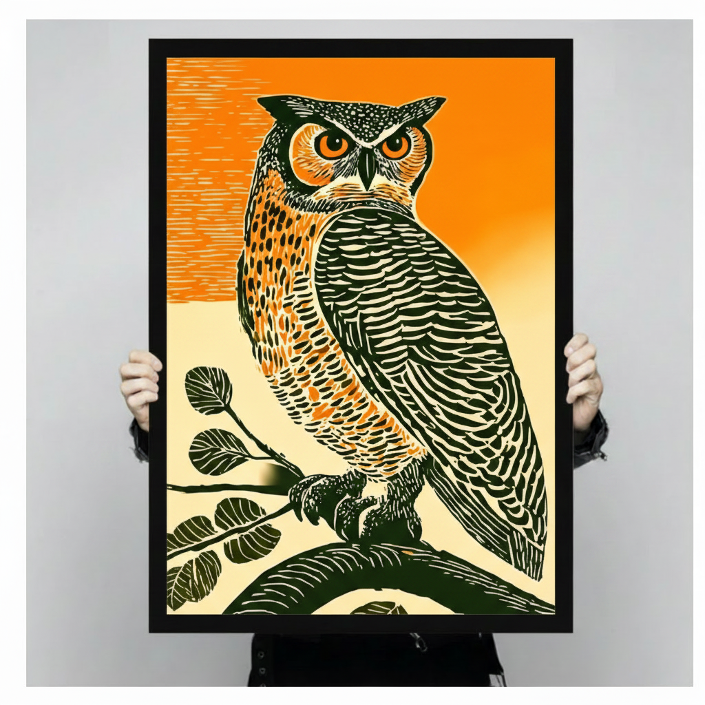 Person holding a black framed vintage woodblock print great horned owl art print with bold orange background and detailed black line feather texture against a light gray backdrop