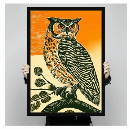 Person holding a black framed vintage woodblock print great horned owl art print with bold orange background and detailed black line feather texture against a light gray backdrop