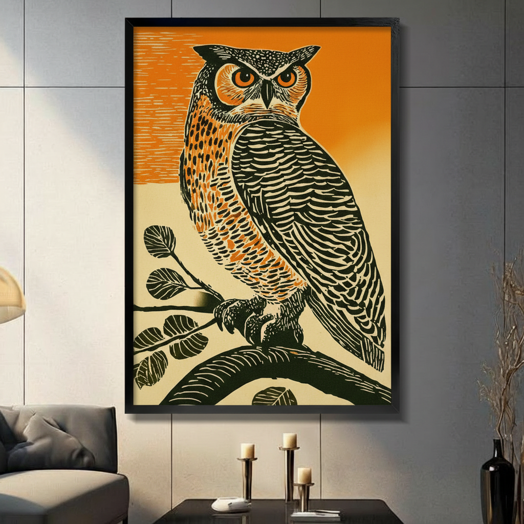 Vintage linocut style great horned owl with orange eyes perched on a branch framed wall art in black frame on a dark gray living room wall above a console table with black candle holders, gray sofa, and tall black vase