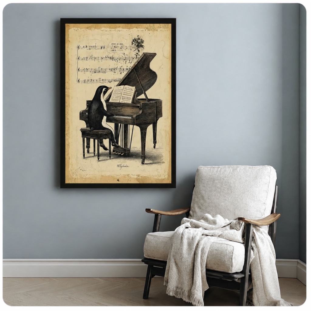 Black framed art print of a penguin playing a grand piano over vintage musical score paper, hung on a light grey wall above a linen armchair