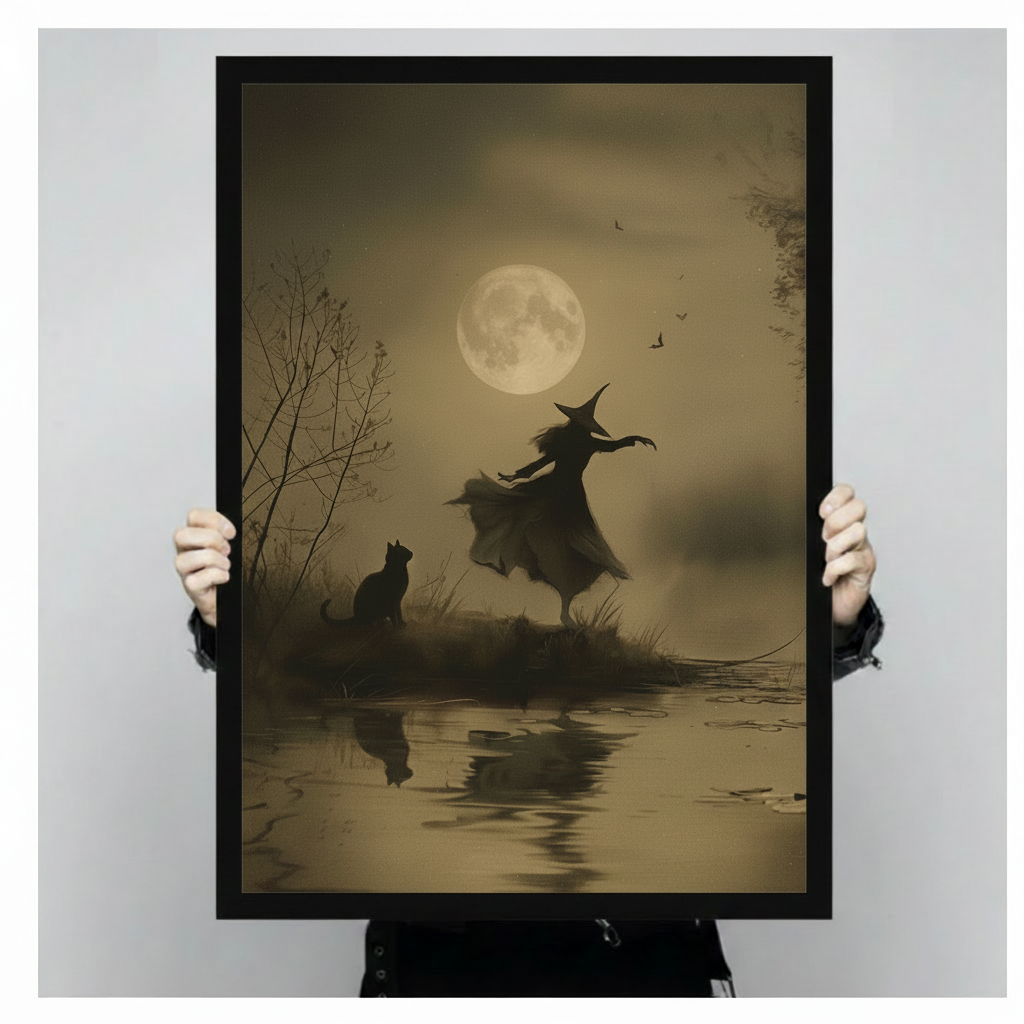 Close-up of a vintage sepia-toned framed wall art print showing a dancing witch and black cat beneath a glowing full moon
