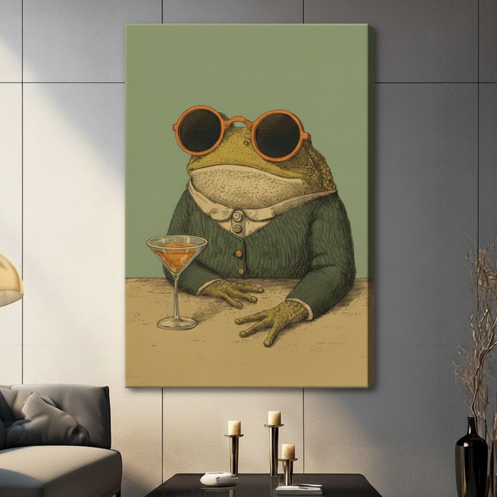 Dapper fat toad wearing orange round sunglasses and green tweed jacket with cocktail martini glass on table olive green background retro illustration stretched canvas wall art print hanging in a contemporary living room with dark gray tiled wall