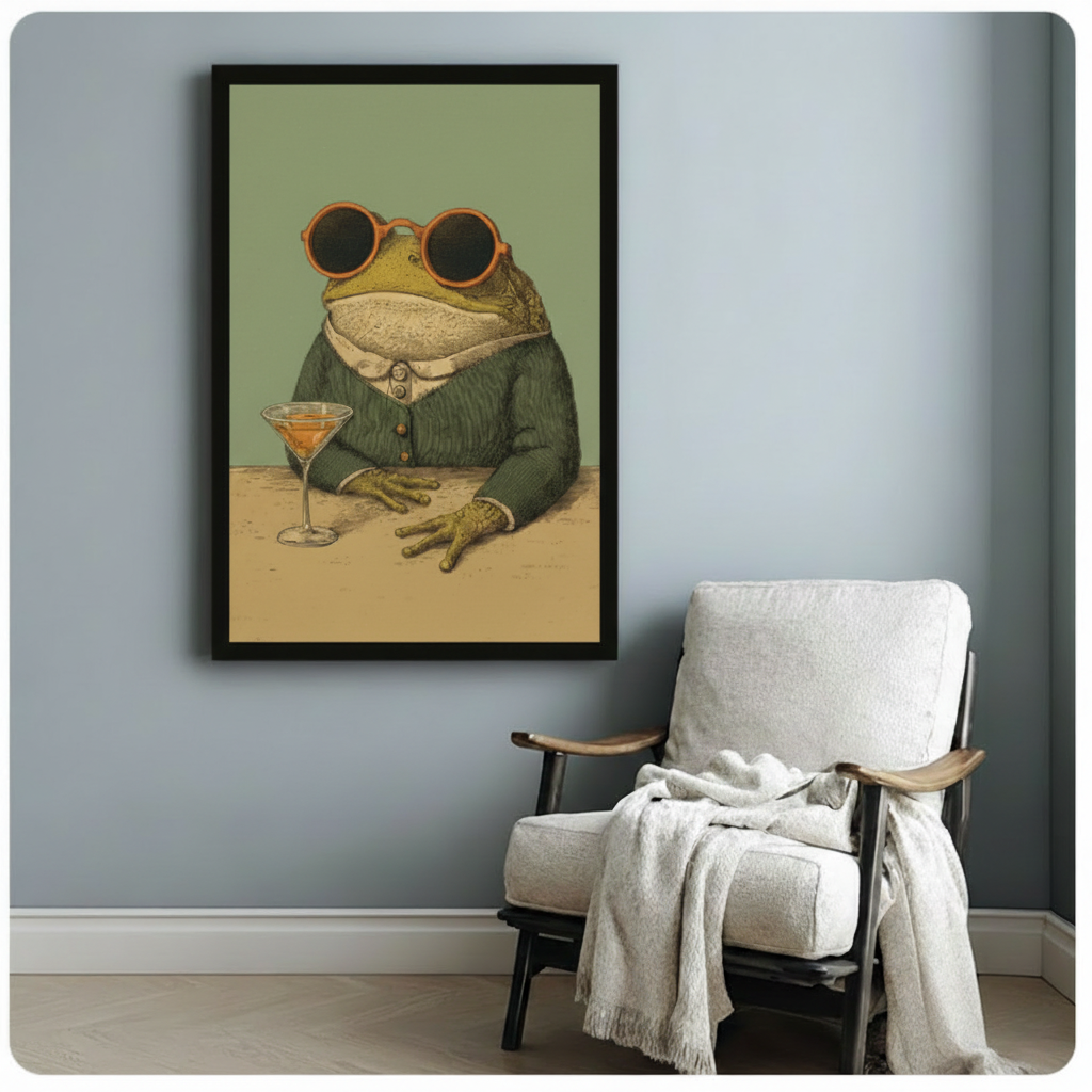 Humorous anthropomorphic toad in green tweed suit with oversized orange round glasses resting hands on table beside martini cocktail glass vintage illustration framed art poster displayed beside a wooden armchair with white draped throw blanket against a soft blue-gray wall