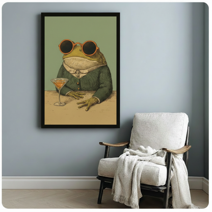 Humorous anthropomorphic toad in green tweed suit with oversized orange round glasses resting hands on table beside martini cocktail glass vintage illustration framed art poster displayed beside a wooden armchair with white draped throw blanket against a soft blue-gray wall