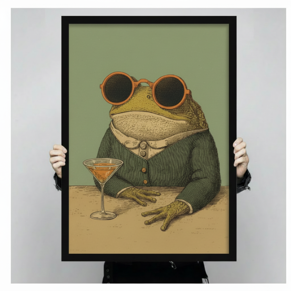 Quirky vintage toad in dark green jacket and bold orange round sunglasses with amber martini glass retro cottagecore illustration framed wall art print held up for size reference against a light gray neutral background