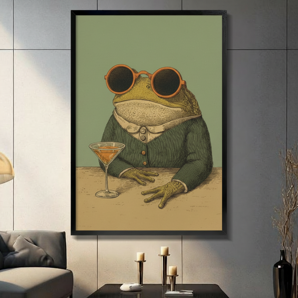 Vintage anthropomorphic toad in dark green tweed suit and orange round sunglasses sitting at table with martini glass retro humorous illustration framed wall art print displayed in a living room with dark gray sofa, pillar candle holders, and black decorative vase