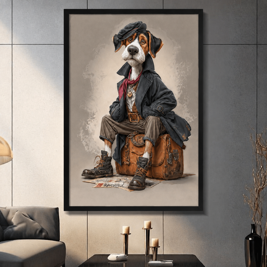 Framed canvas wall art of an anthropomorphic beagle in a trench coat and flat cap sitting on a vintage leather suitcase, displayed in a modern living room