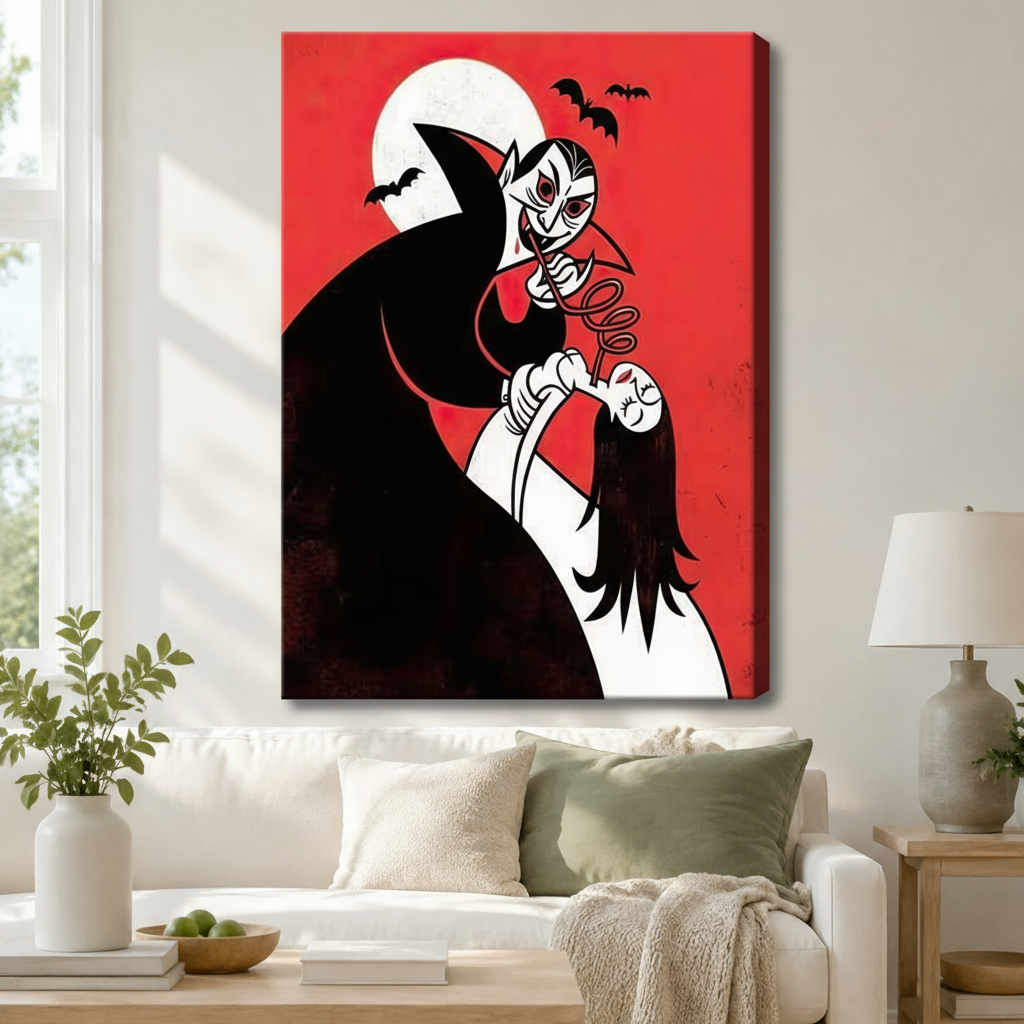 Gallery-wrapped canvas of a vintage-style cartoon vampire embracing a woman with bats and full moon on bold red background hung above a white sofa in a cozy living room