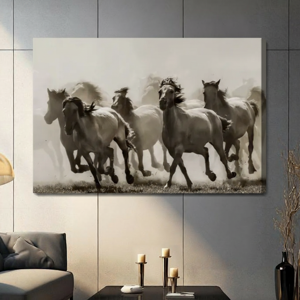 Retro sepia photography style wild white horse herd running through dusty plains gallery wrap horizontal canvas art on a dark gray paneled wall above a charcoal sofa with candle holders and a black vase with dried branches