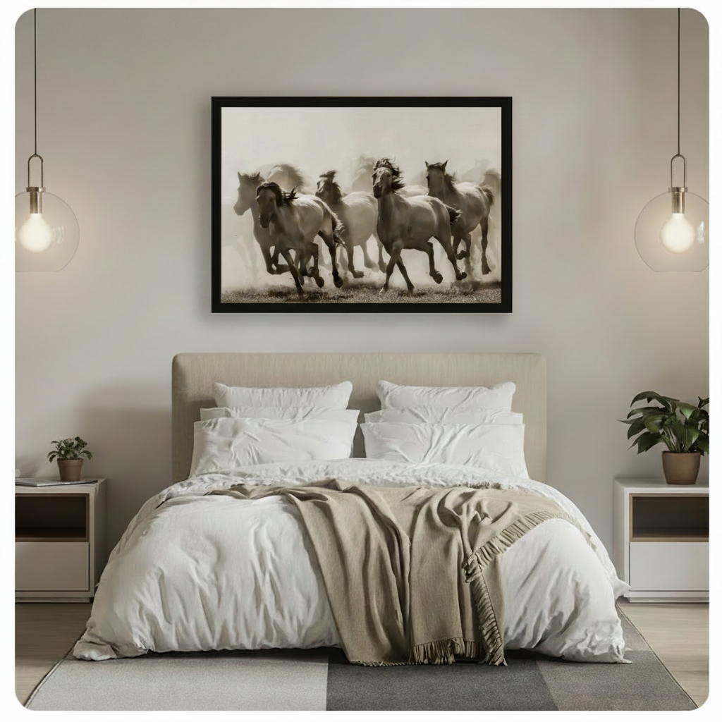 Black framed vintage sepia wild white horses galloping horizontal canvas art above a bed with white linen bedding, a taupe throw blanket, white nightstands with potted plants, and globe pendant lights in a modern bedroom