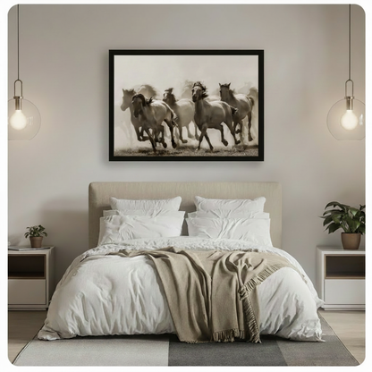 Black framed vintage sepia wild white horses galloping horizontal canvas art above a bed with white linen bedding, a taupe throw blanket, white nightstands with potted plants, and globe pendant lights in a modern bedroom