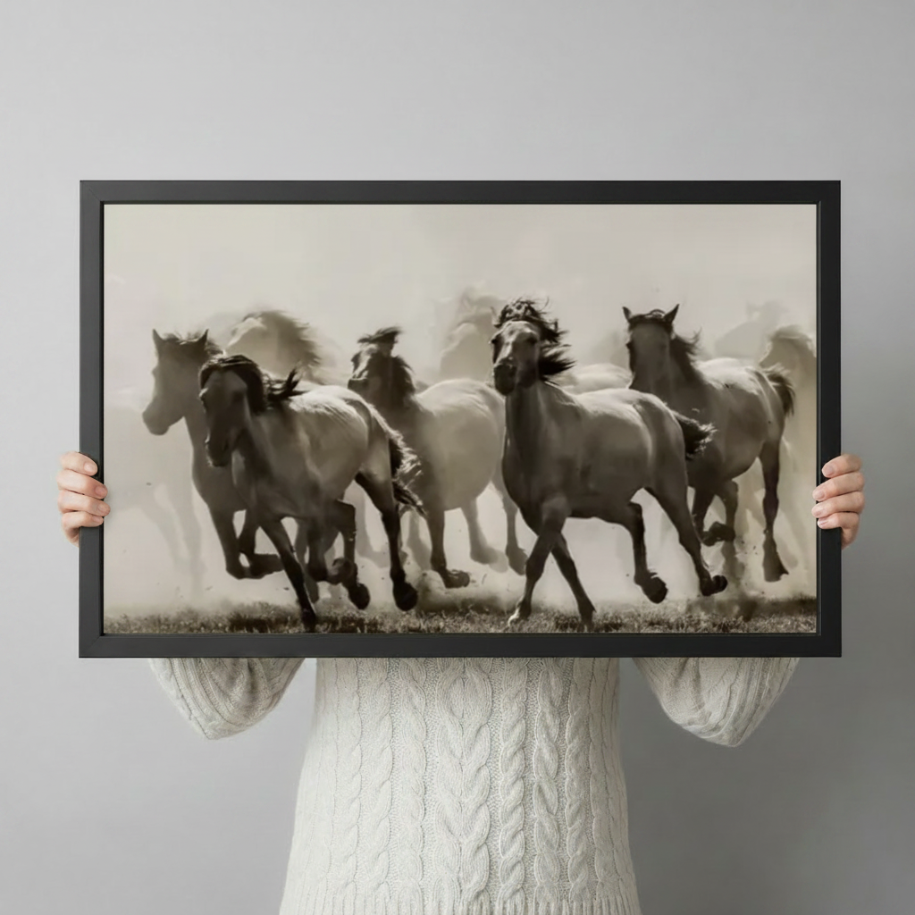 Person in cream cable knit sweater holding a black framed vintage sepia wild white horses galloping in dust horizontal canvas art against a light gray backdrop