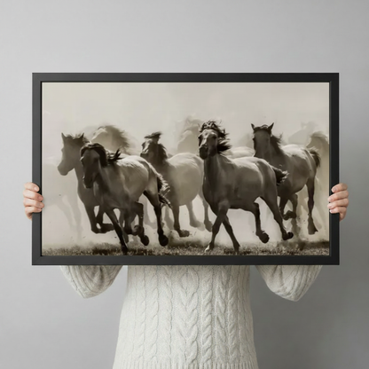 Person in cream cable knit sweater holding a black framed vintage sepia wild white horses galloping in dust horizontal canvas art against a light gray backdrop