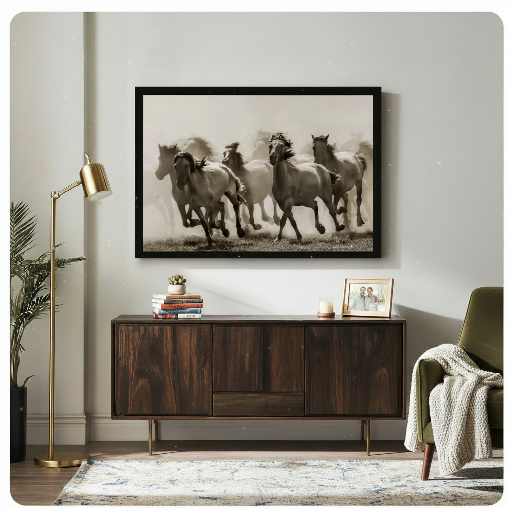 Black framed vintage sepia tone wild white horse herd running in dust cloud horizontal canvas art above a dark walnut sideboard with stacked books and a succulent beside a brass floor lamp and olive green armchair with a cream knit throw