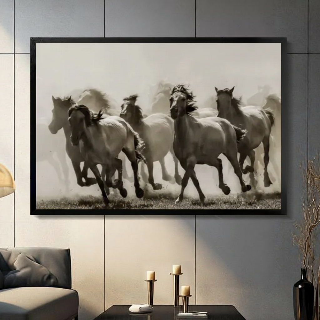 Vintage sepia tone wild white horses galloping in dust cloud black framed horizontal canvas art on a dark gray paneled wall above a charcoal sofa with brass pillar candle holders and a tall black decorative vase