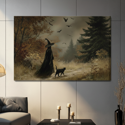 Moody Halloween witch and black cat autumn forest gallery wrapped canvas wall art in vintage oil painting style with bats and pine trees hung above a dark gray sofa with pillar candles