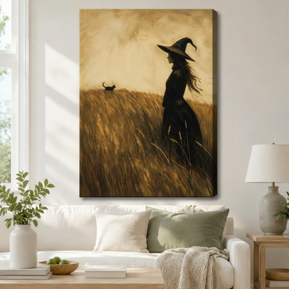 Stretched canvas wall art of a nostalgic silhouette witch in a pointed hat gazing across a windswept golden wheat field with a black cat wandering ahead in textured amber brushstrokes, hung in a bright living room above a cream sofa with a sage green pillow and a gray ceramic table lamp