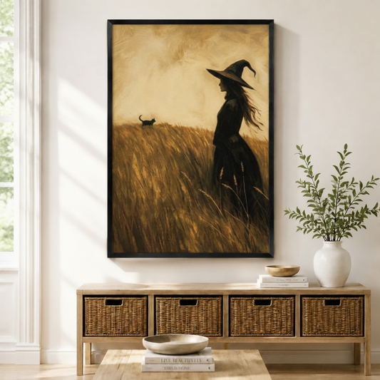 Black framed vintage folk art witch and black cat in a wheat field canvas art with a long-haired witch in a pointed hat standing in a golden grassy field beside a small black cat walking through the grass in warm sepia oil-paint texture, displayed on a light gray wall above a wooden rattan storage console with a white vase of greenery