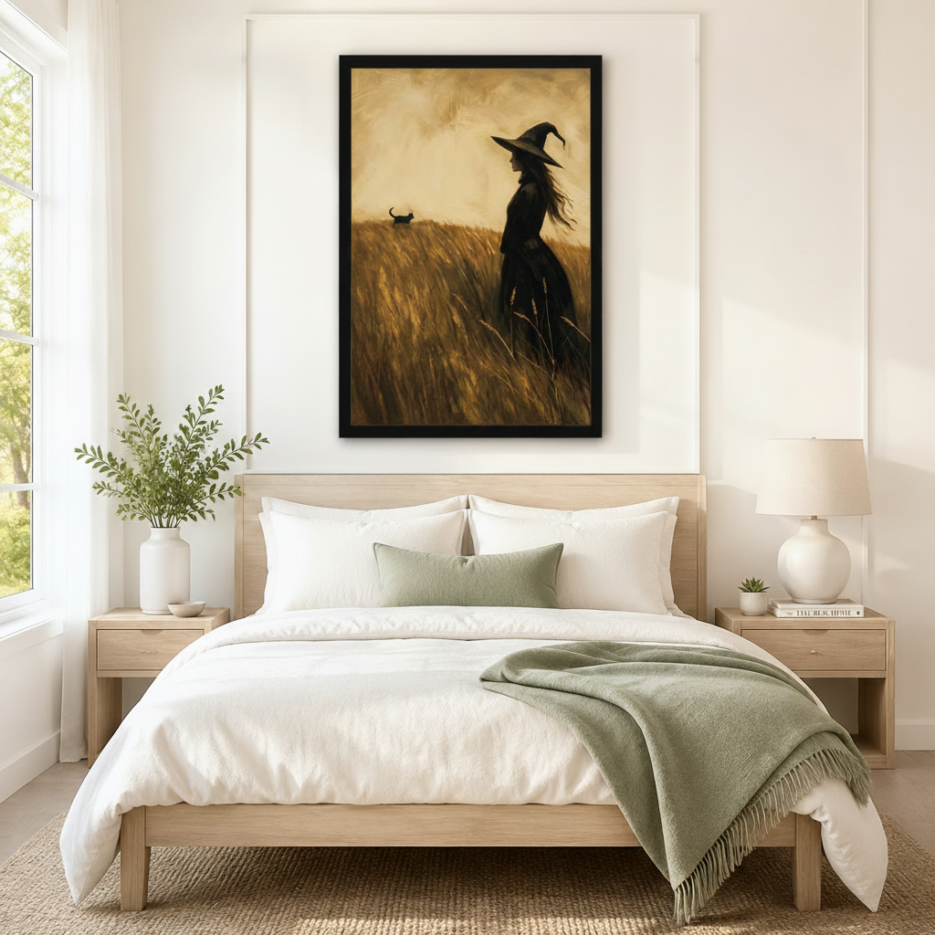 Black framed vintage folk art witch and black cat in a wheat field canvas art with a long-haired witch in a pointed hat standing in a golden field beside a small black cat walking through the grass in warm sepia oil-paint texture, hung above a wooden bed frame in a sun-drenched bedroom with crisp white linen bedding, a sage green throw, and a round white nightstand lamp
