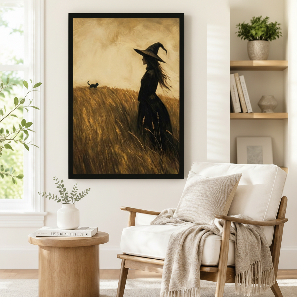 Black framed vintage witch and cat wheat field canvas art showing a long-haired witch in a pointed hat standing in a sunlit golden field with a black cat strolling through tall grass in warm sepia oil tones, displayed on a white wall beside a light upholstered wooden armchair draped with a cream fringed throw blanket near a shelf of plants