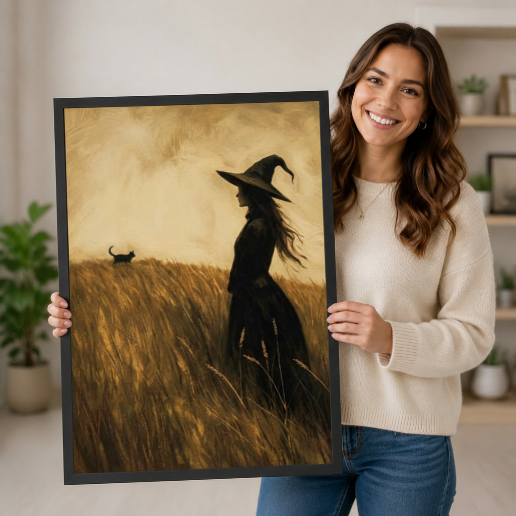 Person holding a large vertical black framed vintage witch and black cat in a wheat field canvas art print showing a witch in a pointed hat with flowing hair standing in a golden grassy field beside a black cat in warm sepia oil-paint texture in a bright plant-filled room